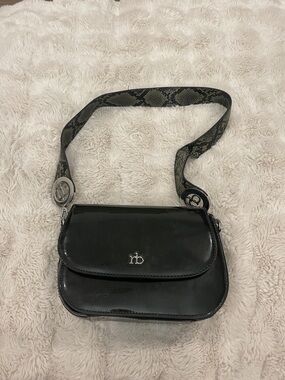 rb Black Patent Crossbody Bag with Patterned Strap